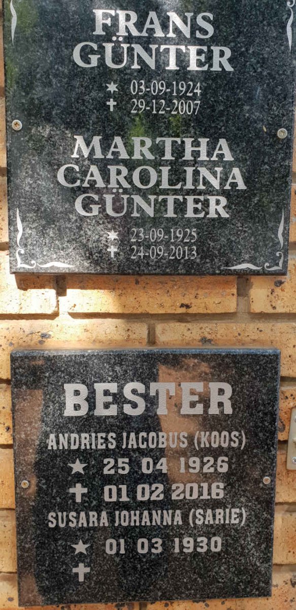 GÜNTER Frans 1924-2007 &amp; Martha Carolina 1925-2013