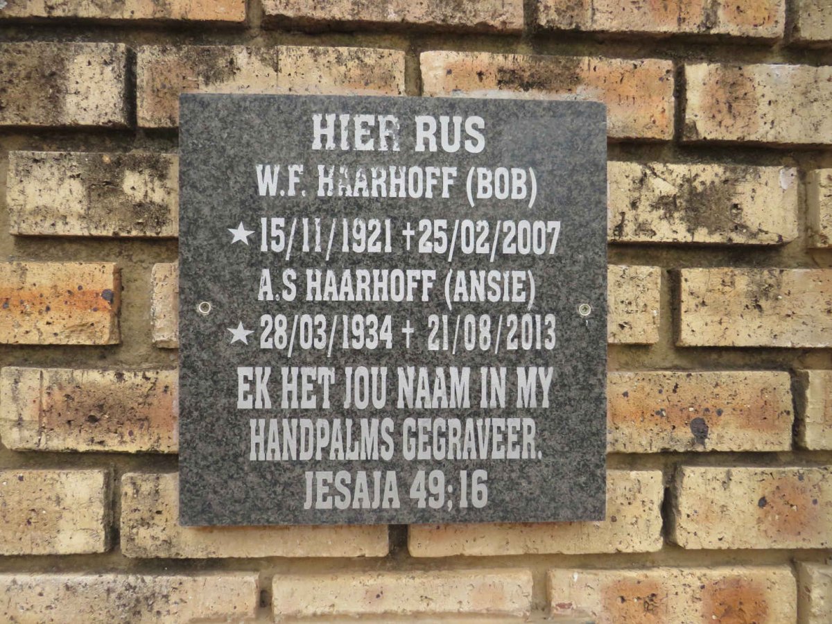 HAARHOFF W.F. 1921-2007 & A.S. 1934-2013