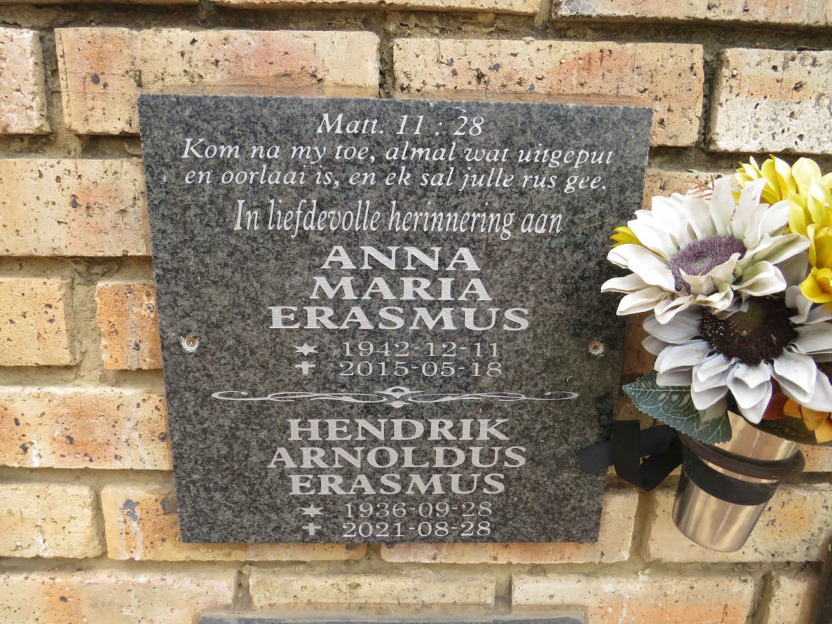 ERASMUS Hendrik Arnoldus 1936-2021 & Anna Maria 1942-2015