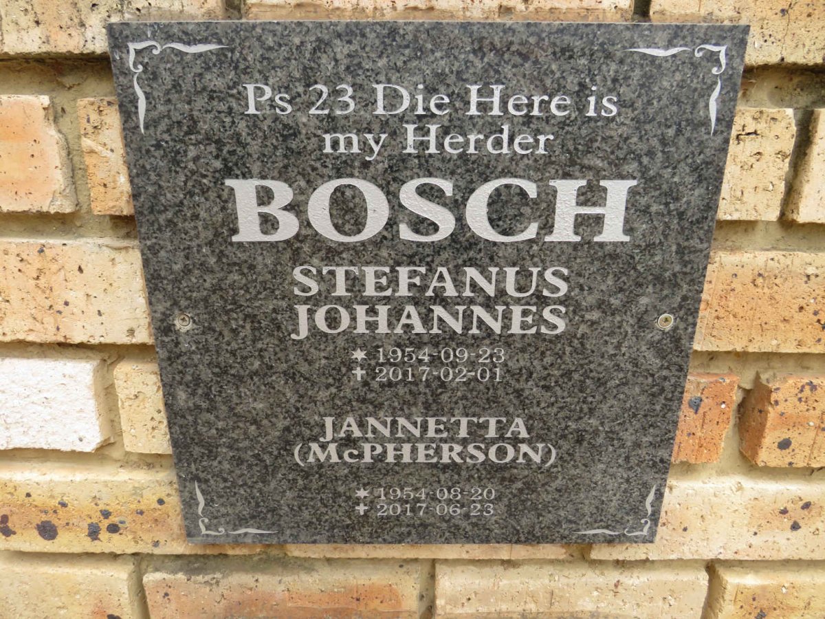 BOSCH Stefanus Johannes 1954-2017 & Jannetta MCPHERSON 1954-2017