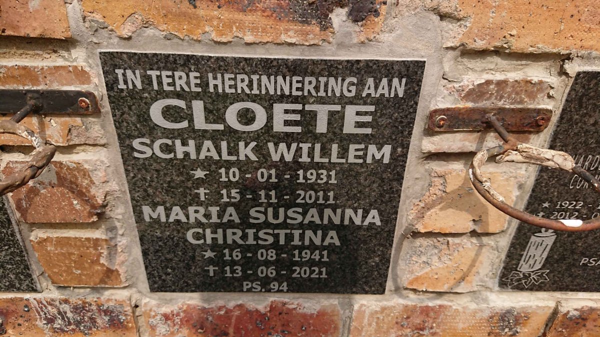 CLOETE Schalk Willem 1931-2011 & Maria Susanna Christina 1941-2021