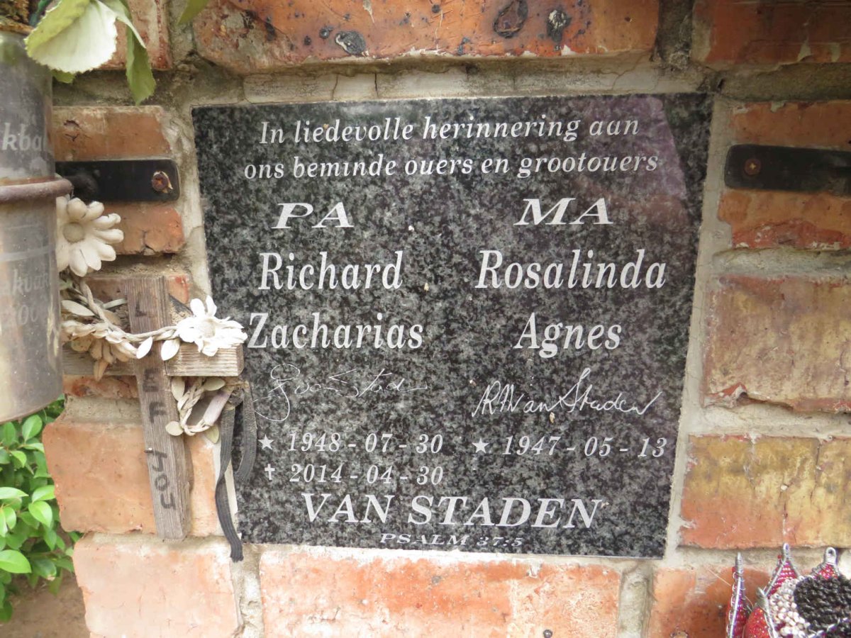 STADEN Richard Zacharias, van 1948-2014 & Rosalinda Agnes 1947-