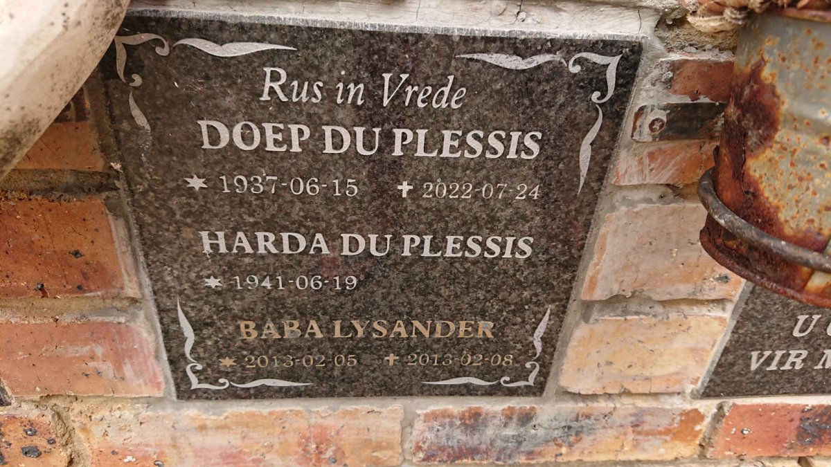 PLESSIS Doep, du 1937-2022 & Harda 1941- :: PLESSIS Lysander, du 2013-2013