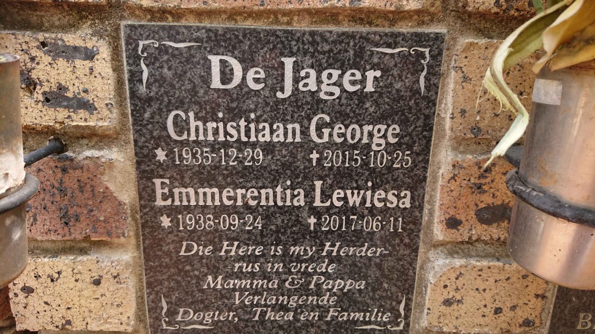 JAGER Christiaan George, de 1935-2015 & Emmerentia Lewiesa 1938-2017