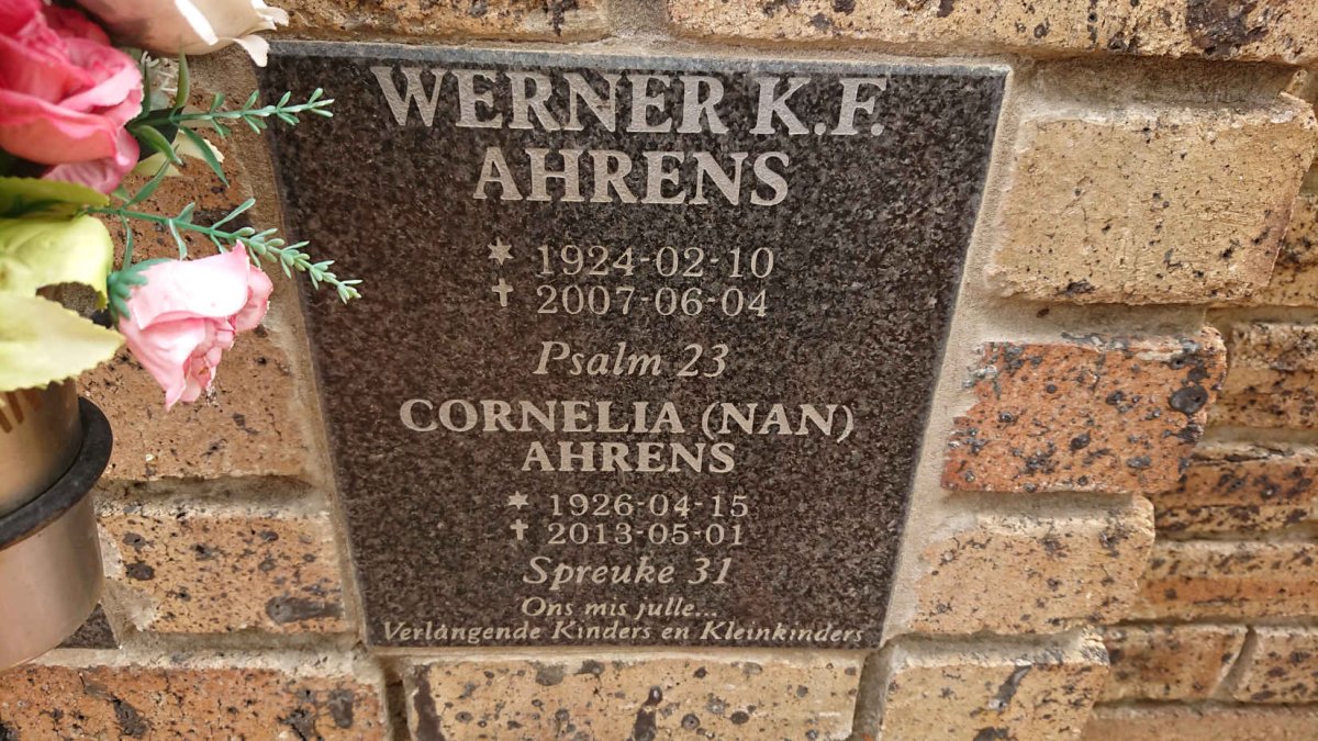 AHRENS Werner K.F. 1924-2007 & Cornelia 1926-2013