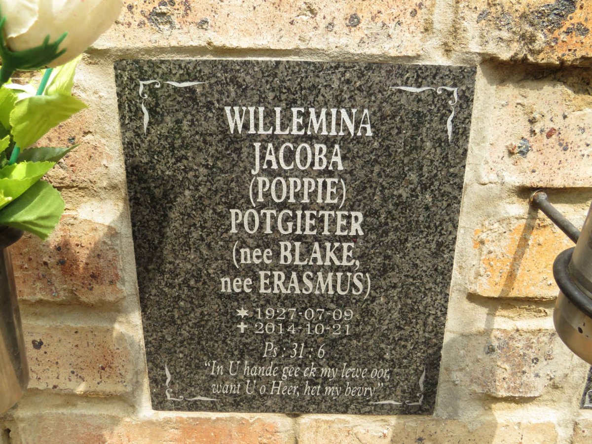 POTGIETER Willemina Jacoba formerly BLAKE nee ERASMUS 1927-2014