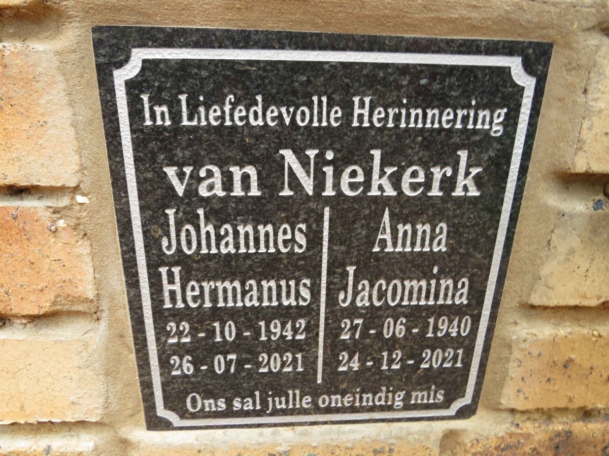 NIEKERK Johannes Hermanus, van 1942-2021 & Anna Jacomina 1940-2021