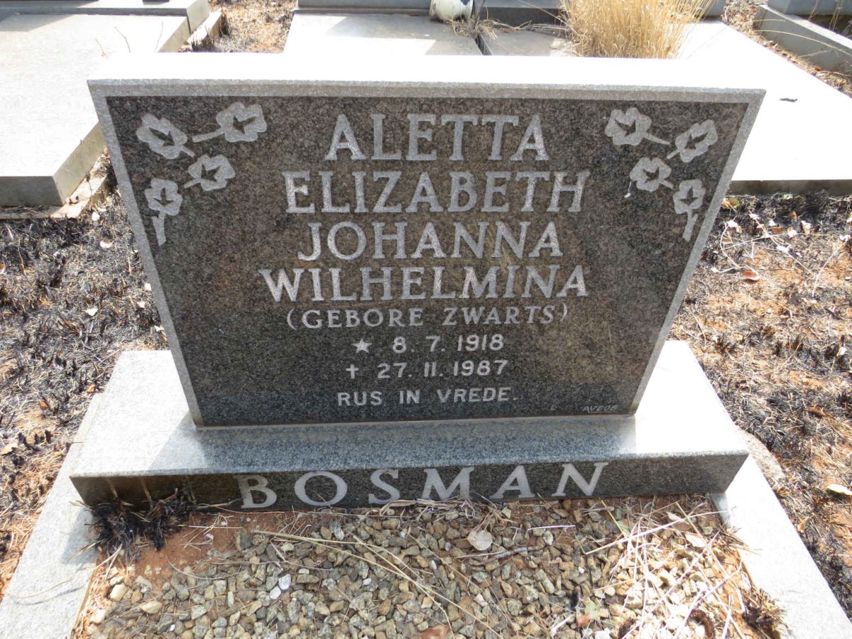 BOSMAN Aletta Elizabeth Johanna Wilhelmina nee ZWARTS 1918-1987