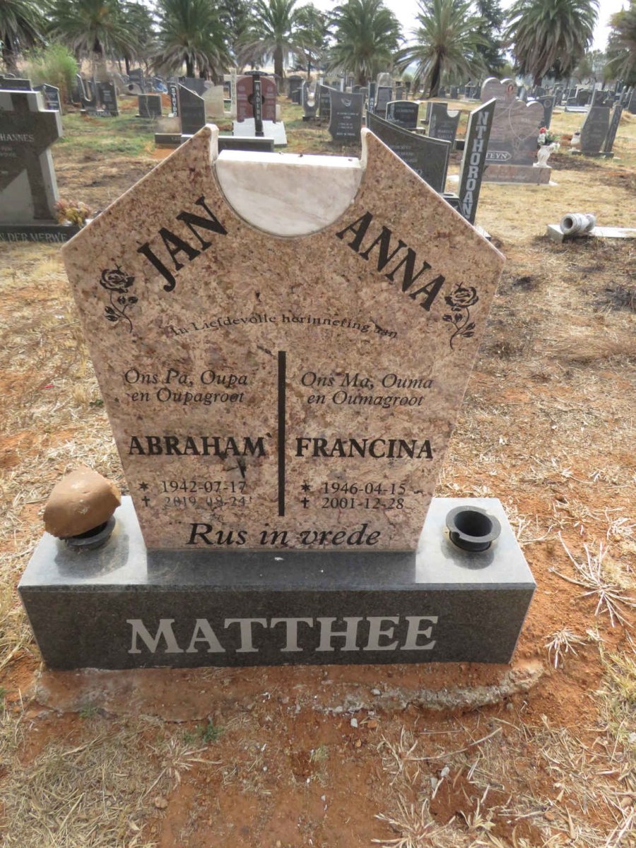 MATTHEE Abraham 1942-2019 & Francina 1946-2001
