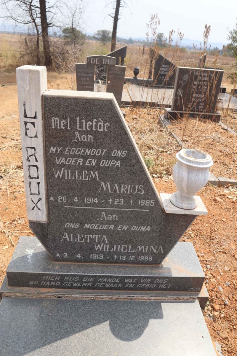 ROUX Willem Marius, le 1914-1985 & Aletta Wilhelmina 1913-1999