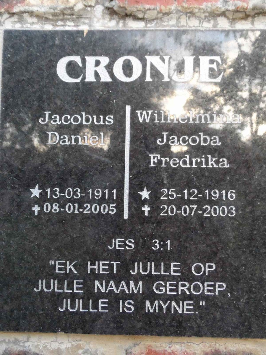CRONJE Jacobus Daniel 1911-2005 &amp; Wilhemina Jacoba Fredrika 1916-2003