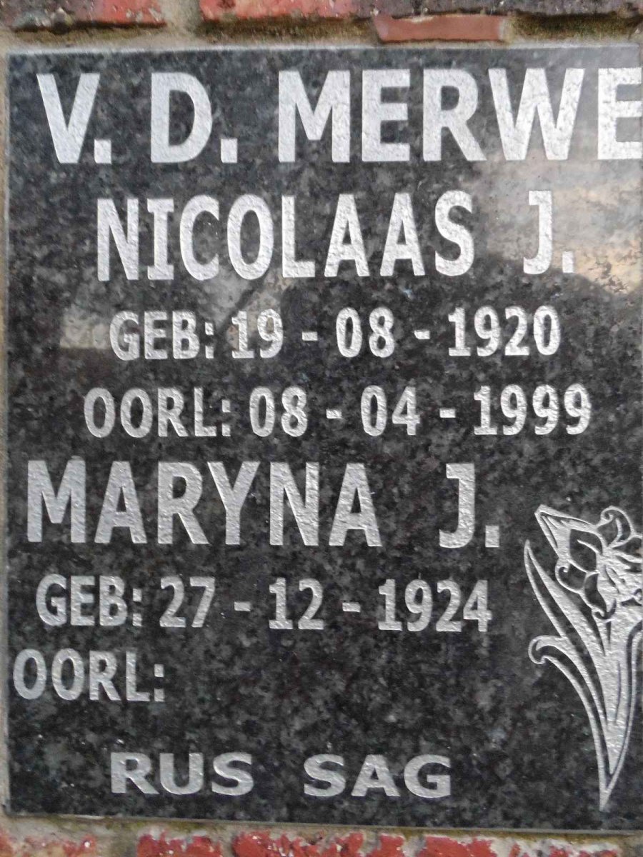 MERWE Nicolaas J., v.d. 1920-1999 &amp; Maryna J. 1924-