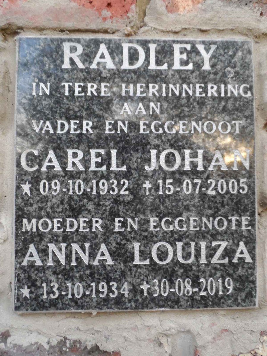 RADLEY Carel Johan 1932-2005 &amp; Anna Louiza 1934-2019
