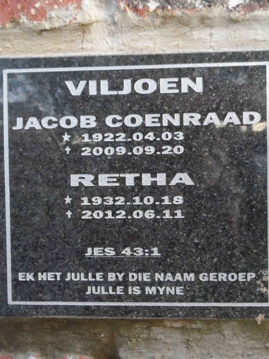 VILJOEN Jacob Coenraad 1922-2009 &amp; Retha 1932-2012