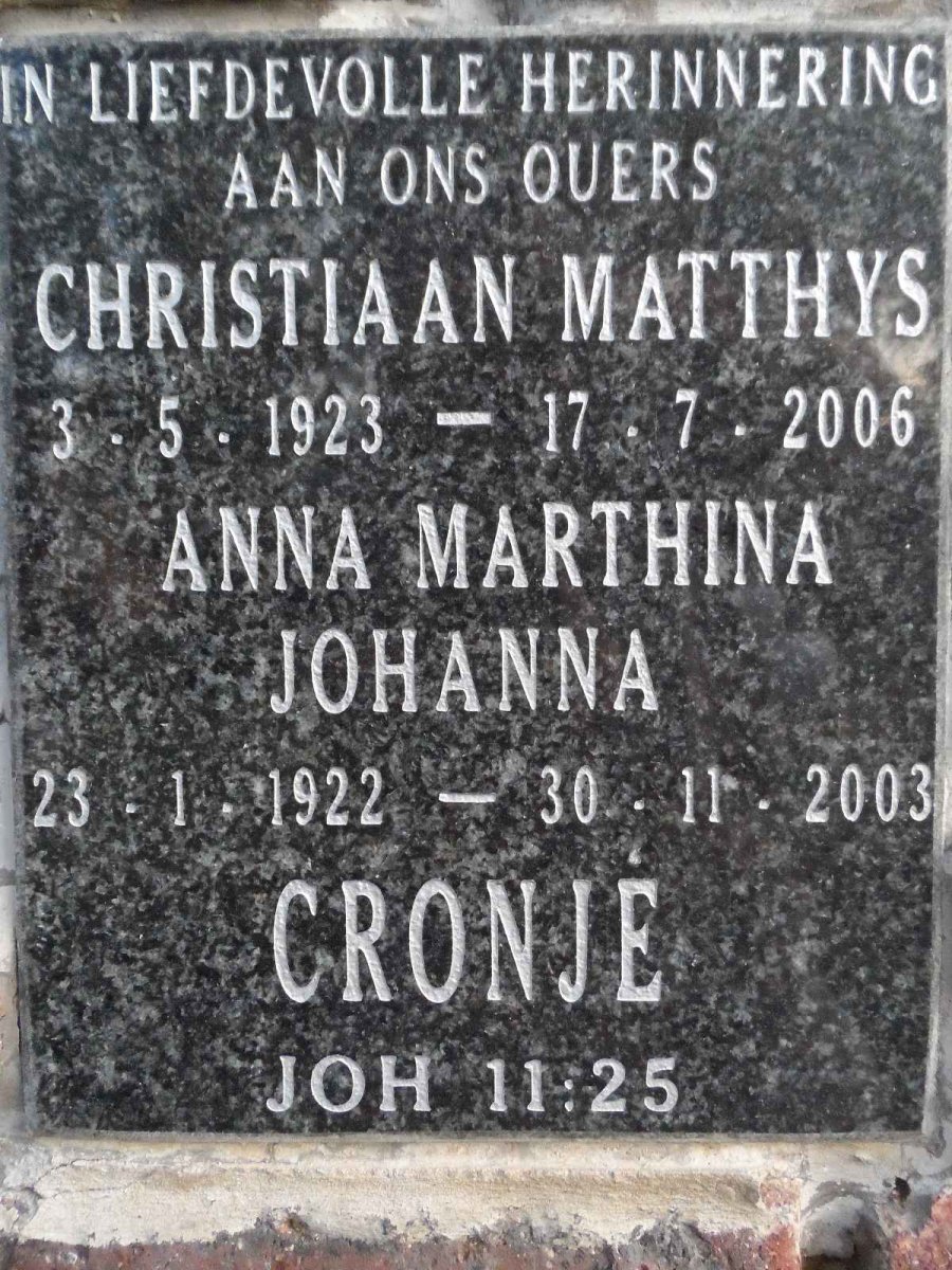 CRONJE Christiaan Matthys 1923-2006 &amp; Anna Marthina Johanna 1922-2003