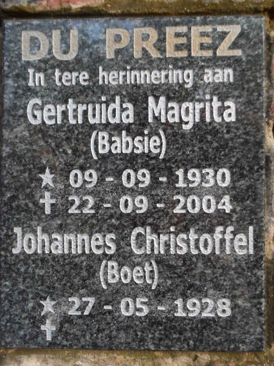 PREEZ Johannes Christoffel, du 1928- &amp; Gertruida Magrita 1930-2004