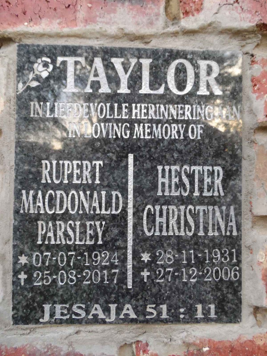 TAYLOR Rupert Macdonald Parsley 1924-2017 &amp; Hester Christina 1931-2006