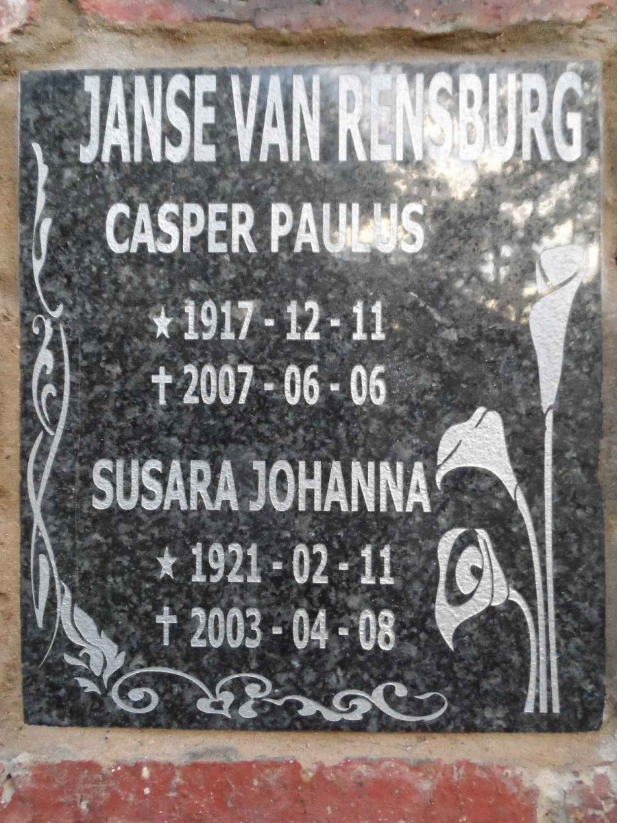 RENSBURG Casper Paulus, Janse van 1917-2007 &amp; Susara Johanna 1921-2003