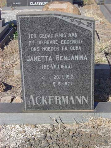 ACKERMANN Janetta Benjamina nee DE VILLIERS 1912-1977