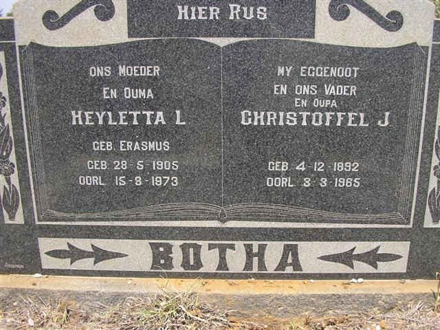 BOTHA Christoffel J. 1892-1965 &amp; Heyletta L. ERASMUS 1905-1973