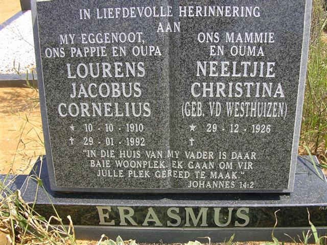 ERASMUS Lourens Jacobus Cornelius 1910-1992 &amp; Neeltjie Christina VAN DER WESTHUIZEN 1926-