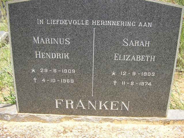 FRANKEN Marinus Hendrik 1909-1969 &amp; Sarah Elizabeth 1903-1974