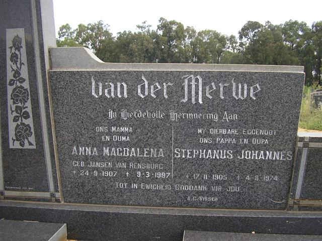 MERWE Stephanus Johannes, van der 1905-1974 &amp; Anna Magdalena JANSEN VAN RENSBURG 1907-1997
