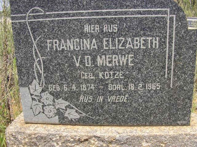 MERWE Francina Elizabeth, v.d. nee KOTZE 1874-1965