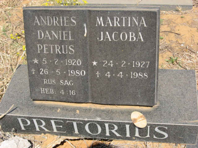 PRETORIUS Andries Daniel Petrus 1920-1980 &amp; Martina Jacoba 1927-1988