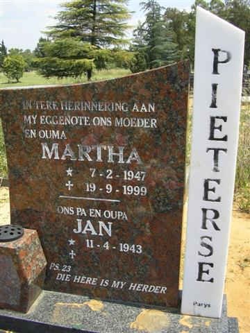 PIETERSE Jan 1943- &amp; Martha 1947-1999
