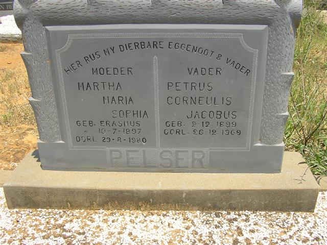PELSER Petrus Cornelius Jacobus 1899-1969 &amp; MArtha Maria Sophia ERASMUS 1897-1980
