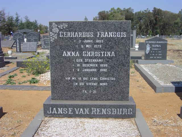 RENSBURG Gerhardus Francois, Janse van 1893-1978 &amp; Anna Christina STEENKAMP 1898-1982