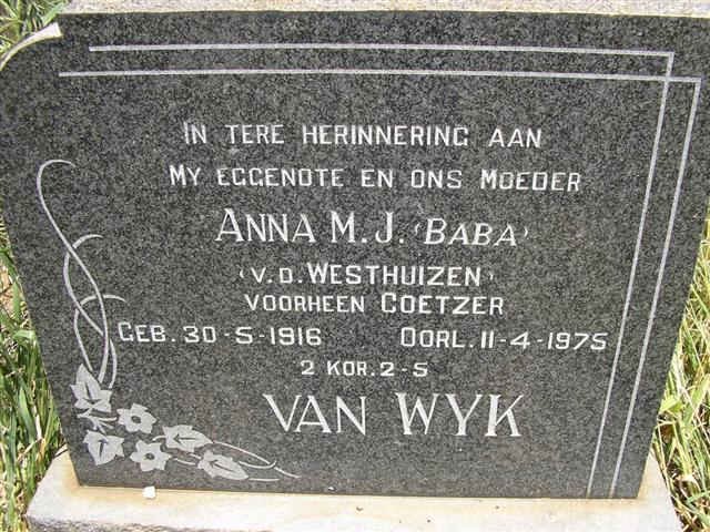 WYK Anna M.J., van voorheen COETZER nee V.D. WESTHUIZEN 1916-1975