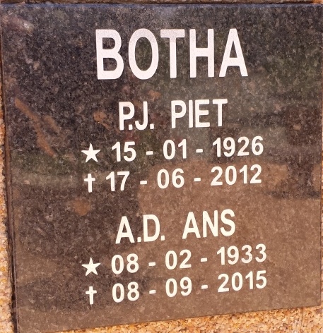 BOTHA P.J. 1926-2012 &amp; A.D. 1933-2015