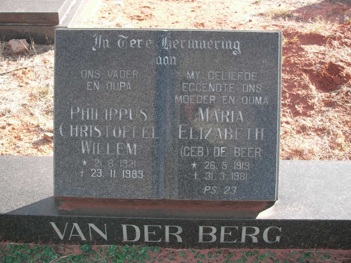 BERG Philippus Christoffel Willem, van der 1921-1989 &amp; Maria Elizabeth DE BEER 1919-1981