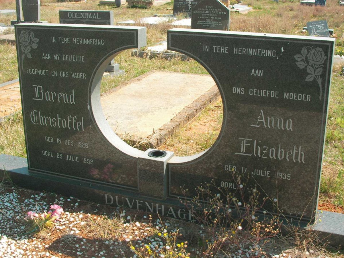 DUVENHAGE Barend Christoffel 1926-1992 &amp; Anna Elizabeth 1935-