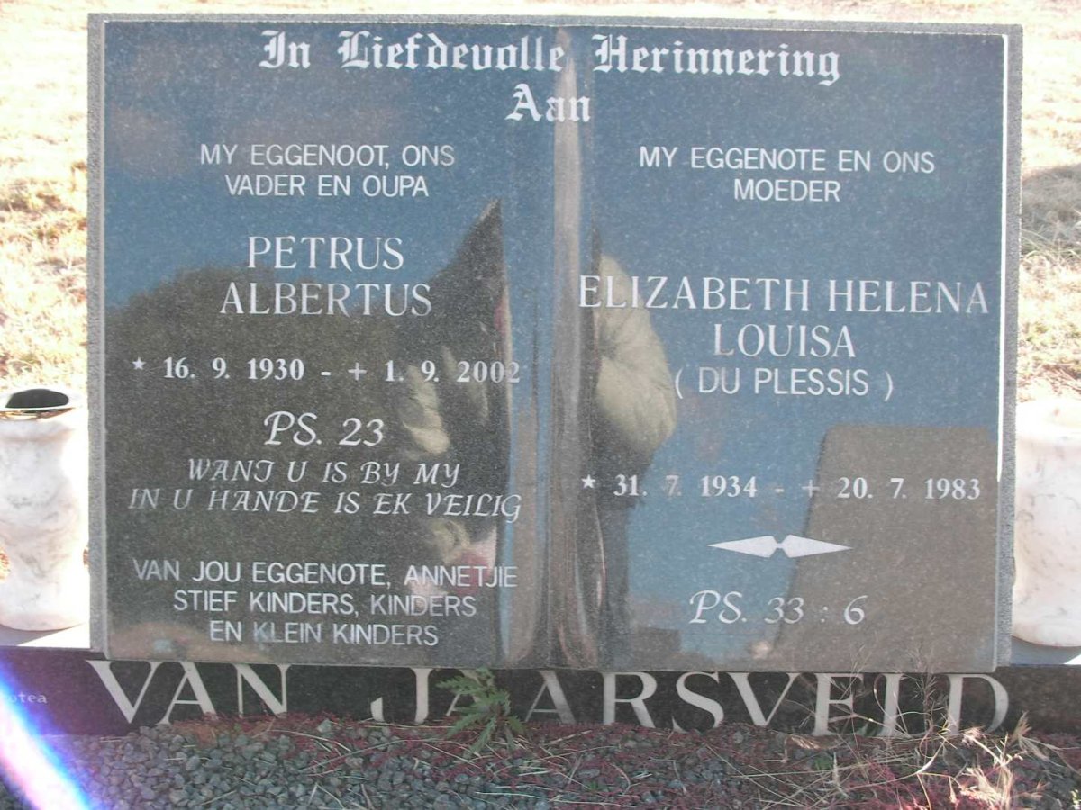 JAARSVELD Petrus Albertus, van 1930-2002 &amp; Elizabeth Helena Louisa DU PLESSIS 1934-1983
