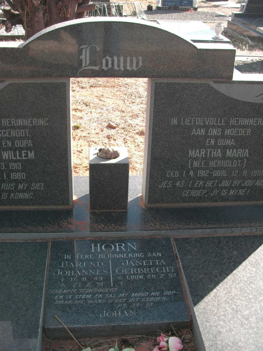 HORN Barend Johannes 1949-1991 &amp; Janetta Gerbrecht LOUW 1952-