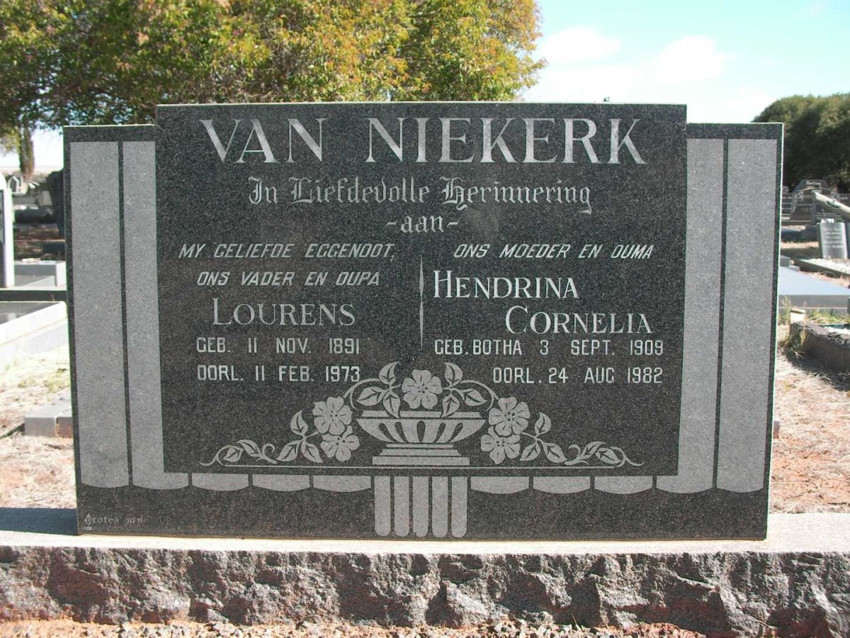 NIEKERK Lourens, van 1891-1973 &amp; Hendrina Cornelia BOTHA 1909-1982