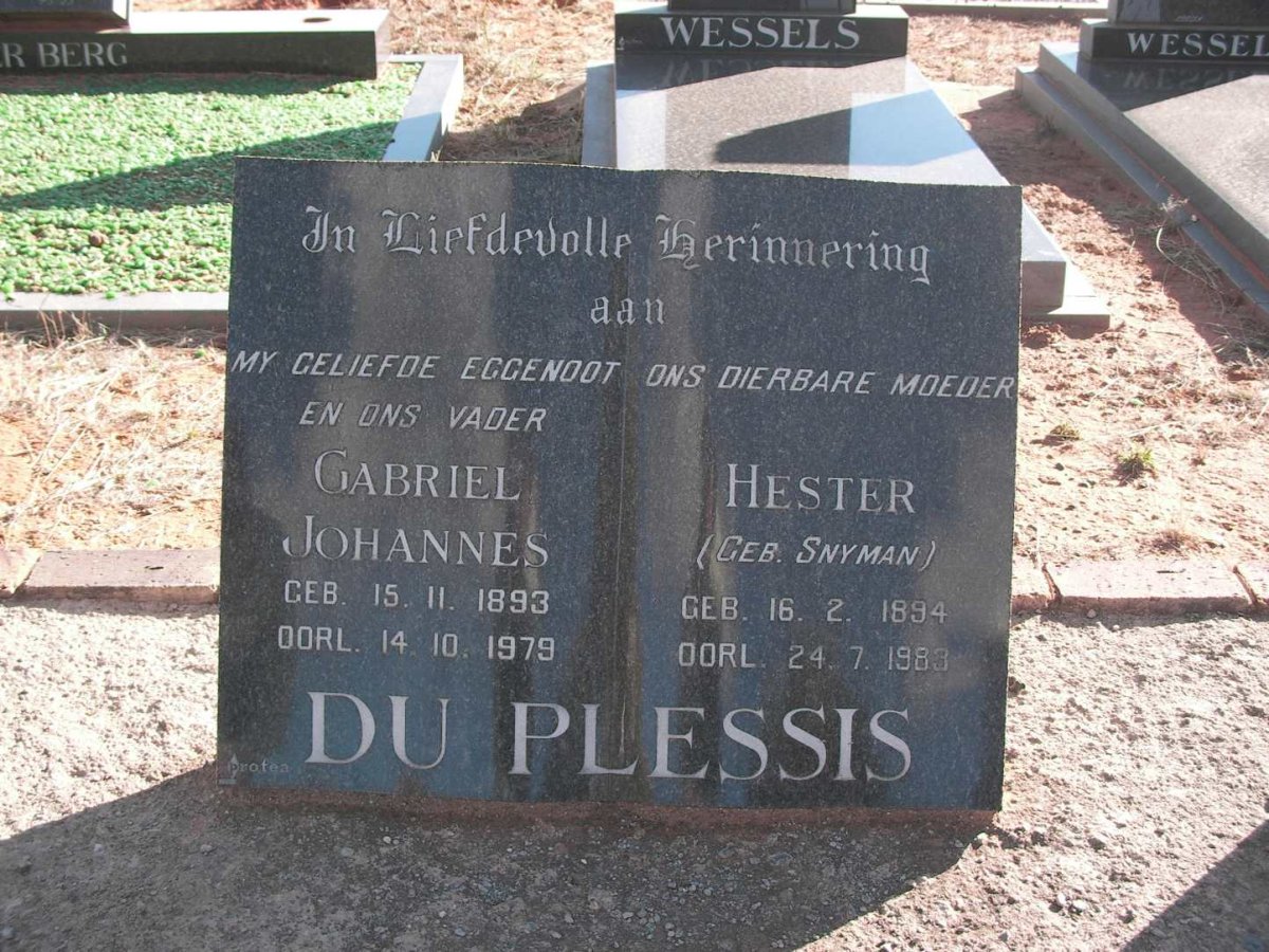 PLESSIS Gabriel Johannes, du 1893-1979 &amp; Hester SNYMAN 1894-1983