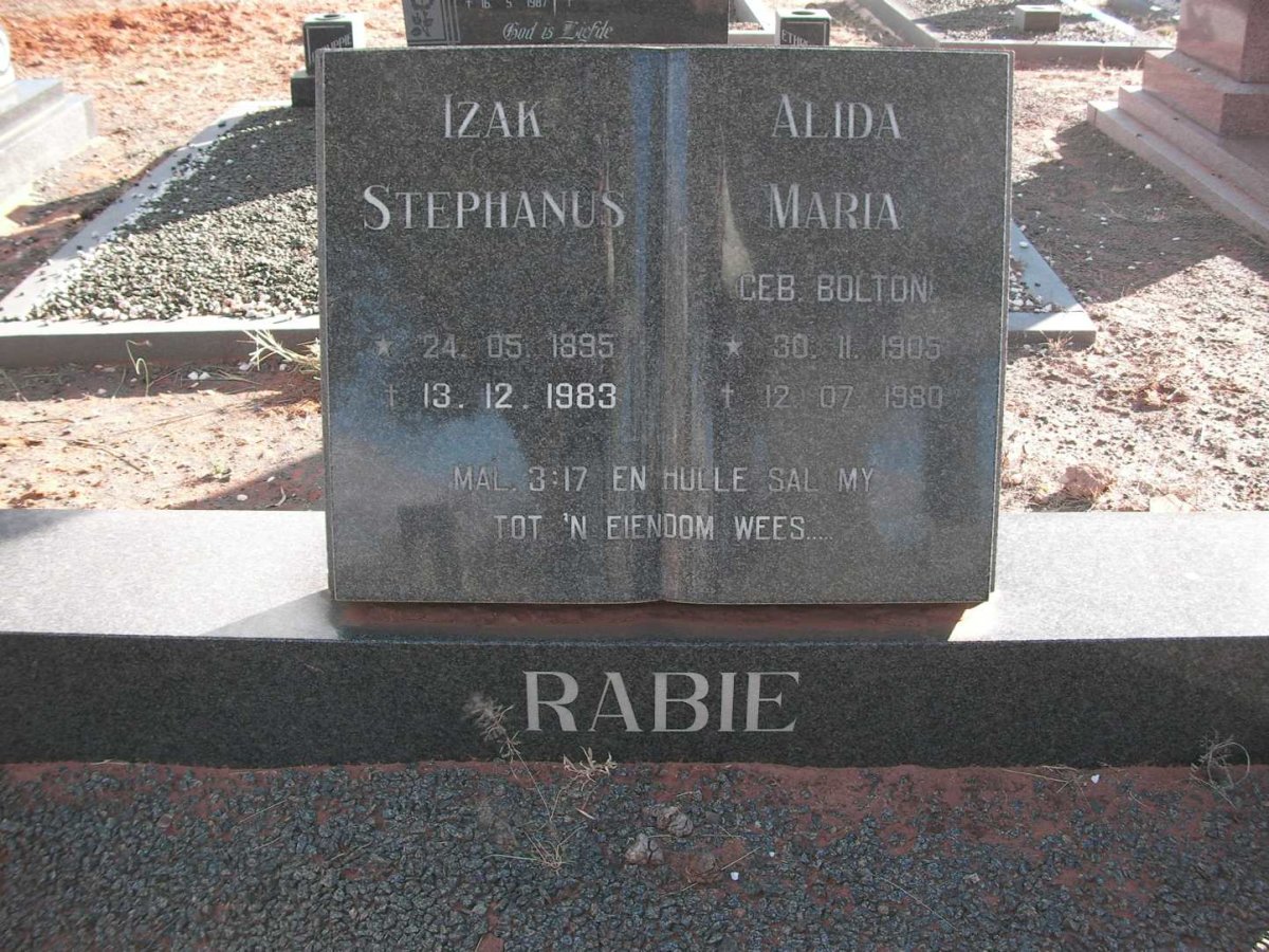 RABIE Izak Stephanus 1895-1983 &amp; Alida Maria BOLTON 1905-1980
