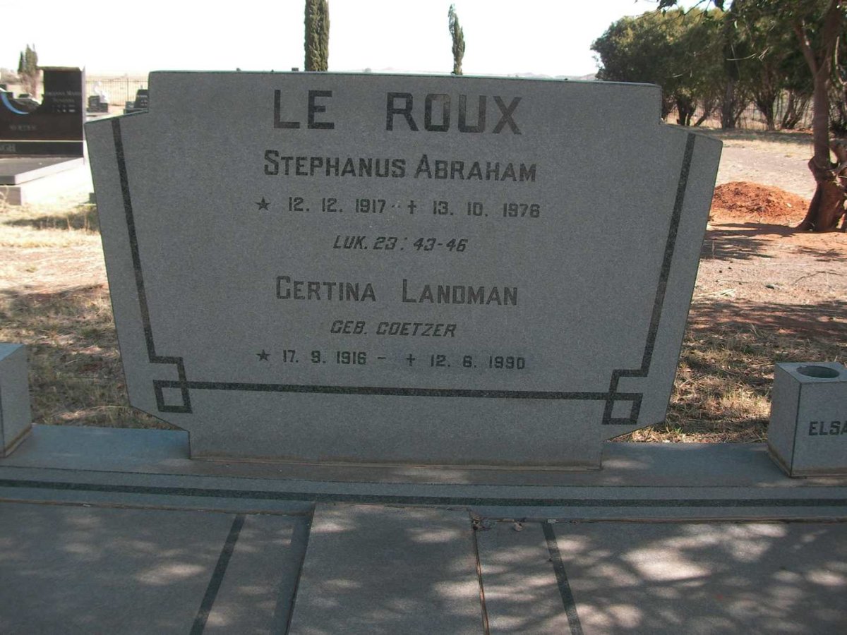 ROUX Stephanus Abraham, le 1917-1976 &amp; Gertina Landman COETZER 1916-1990