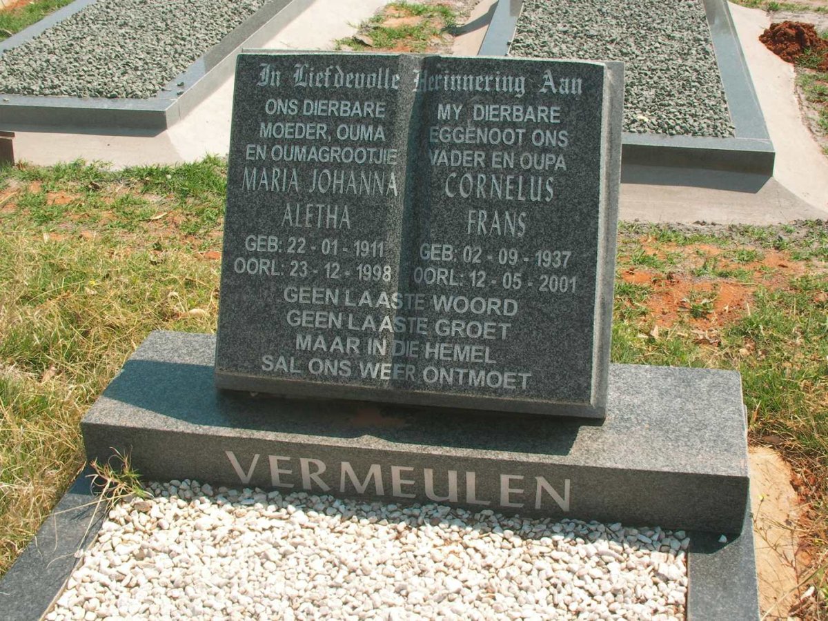 VERMEULEN Cornelus Frans 1937-2001 &amp; Maria Johanna Aletha 1911-1998