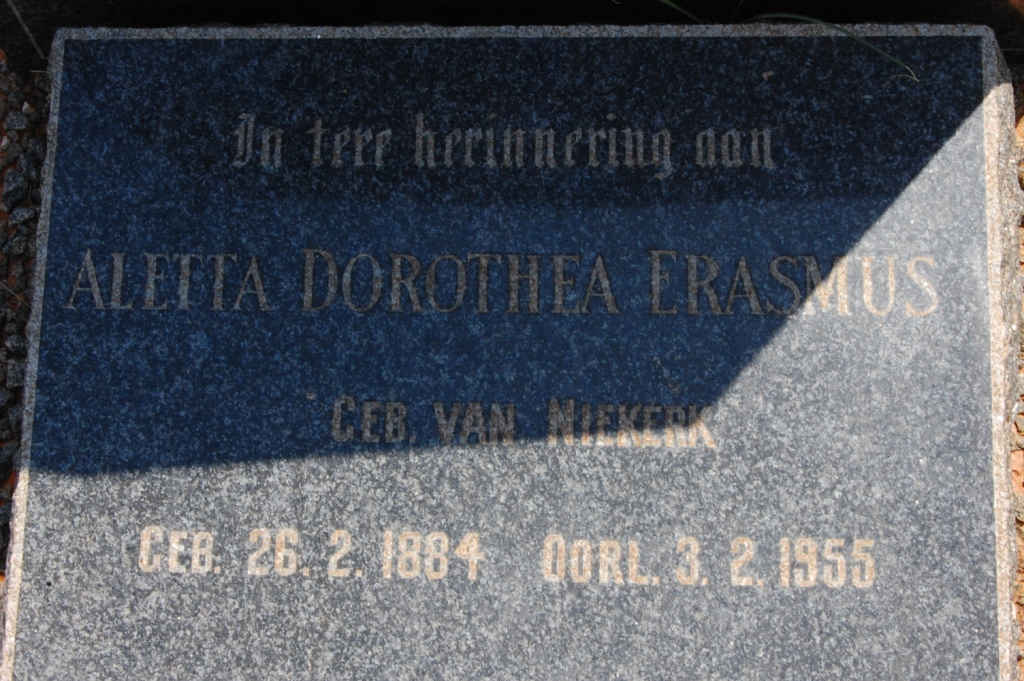 ERASMUS Aletta Dorothea nee VAN NIEKERK 1884-1955
