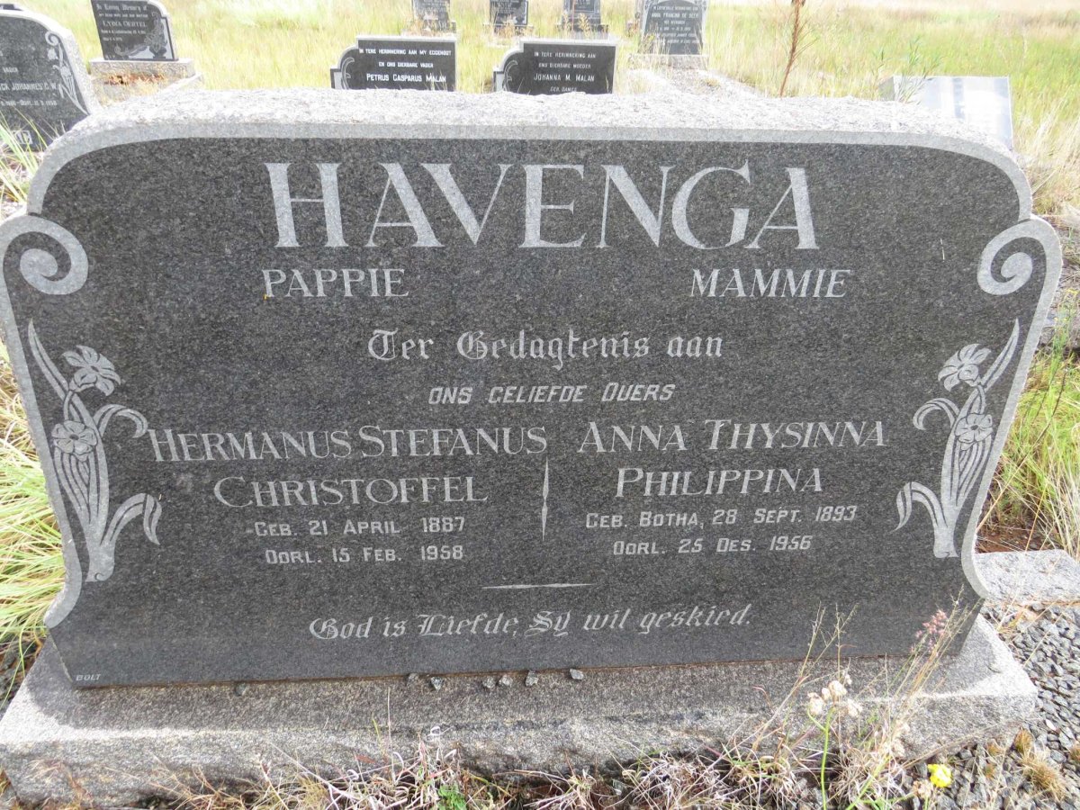 HAVENGA Hermanus Stefanus Christoffel 1887-1958 &amp; Anna Thysinna Philippina BOTHA 1893-1956