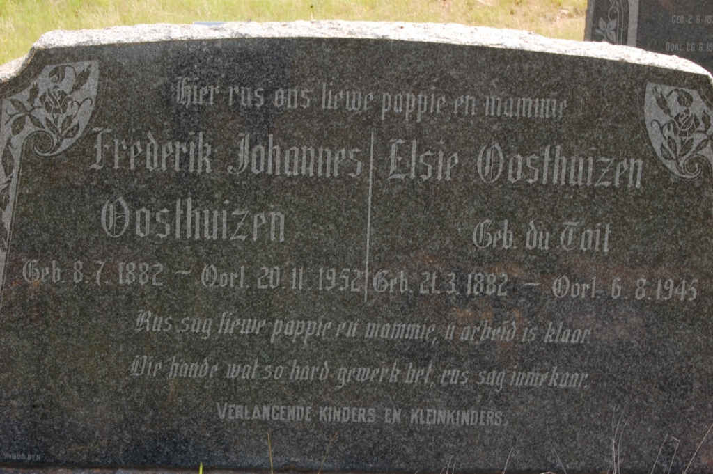 OOSTHUIZEN Frederik Johannes 1882-1952 &amp; Elsie DU TOIT 1882-1945