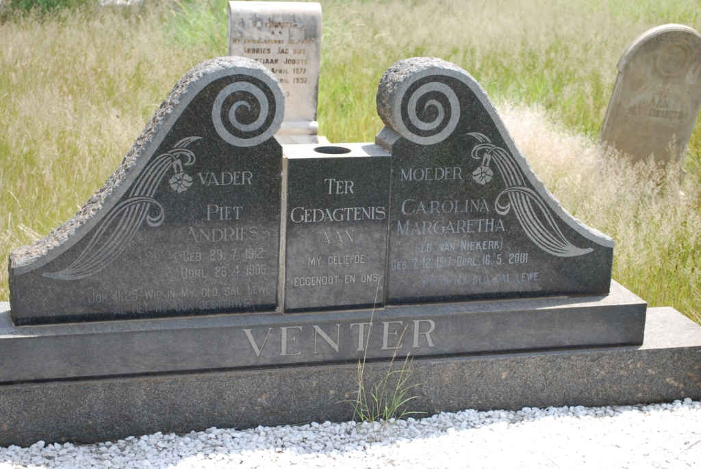 VENTER Piet Andries 1912-1965 &amp; Carolina Margaretha VAN NIEKERK 1917-2001
