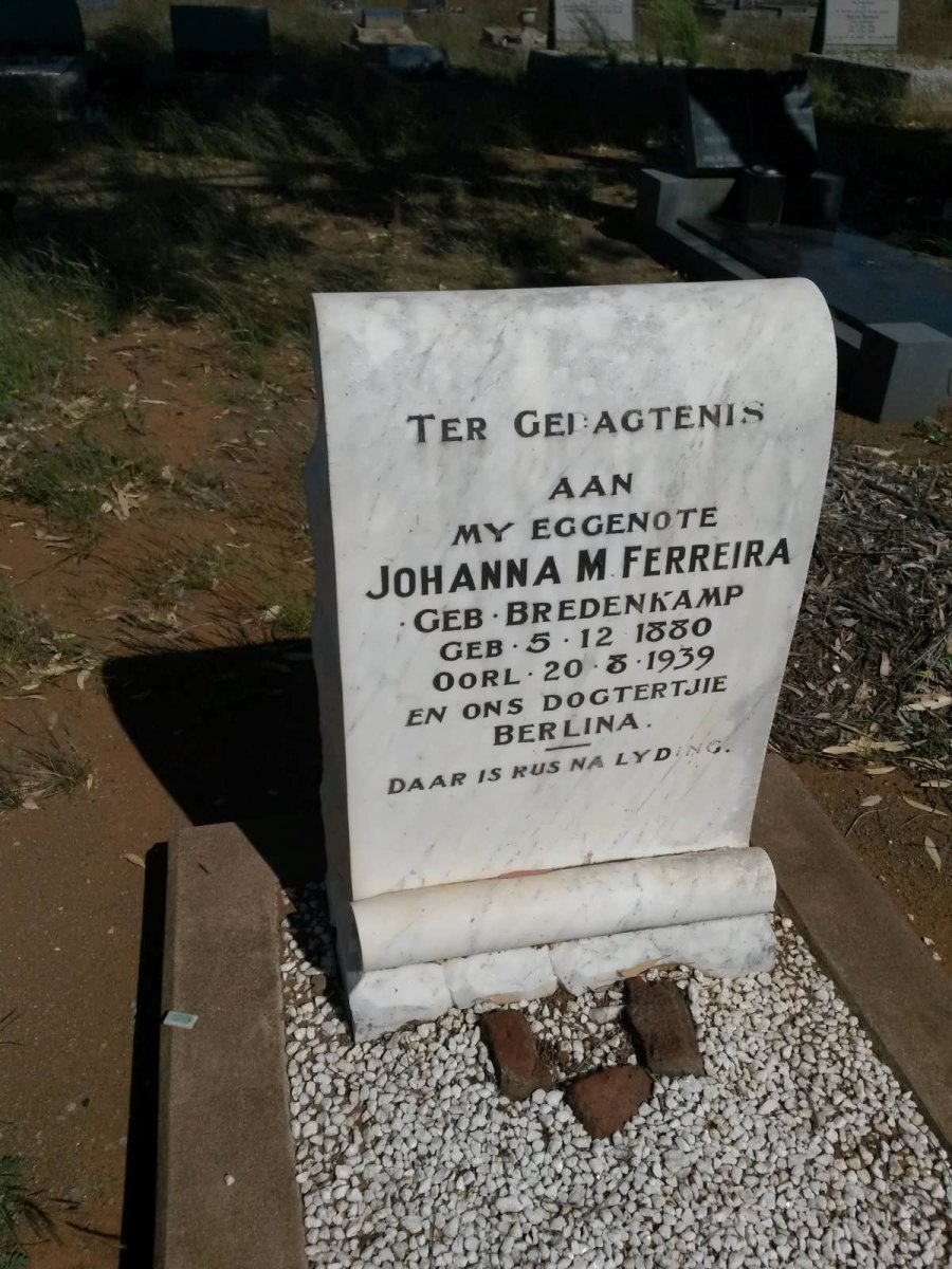 FERREIRA Johanna M. nee BREDENKAMP 1880-1939 :: FERREIRA Berlina