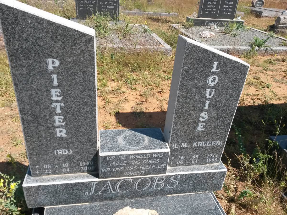 JACOBS Pieter D. 1940-2001 &amp; Louise M. KRUGER 1944-1998