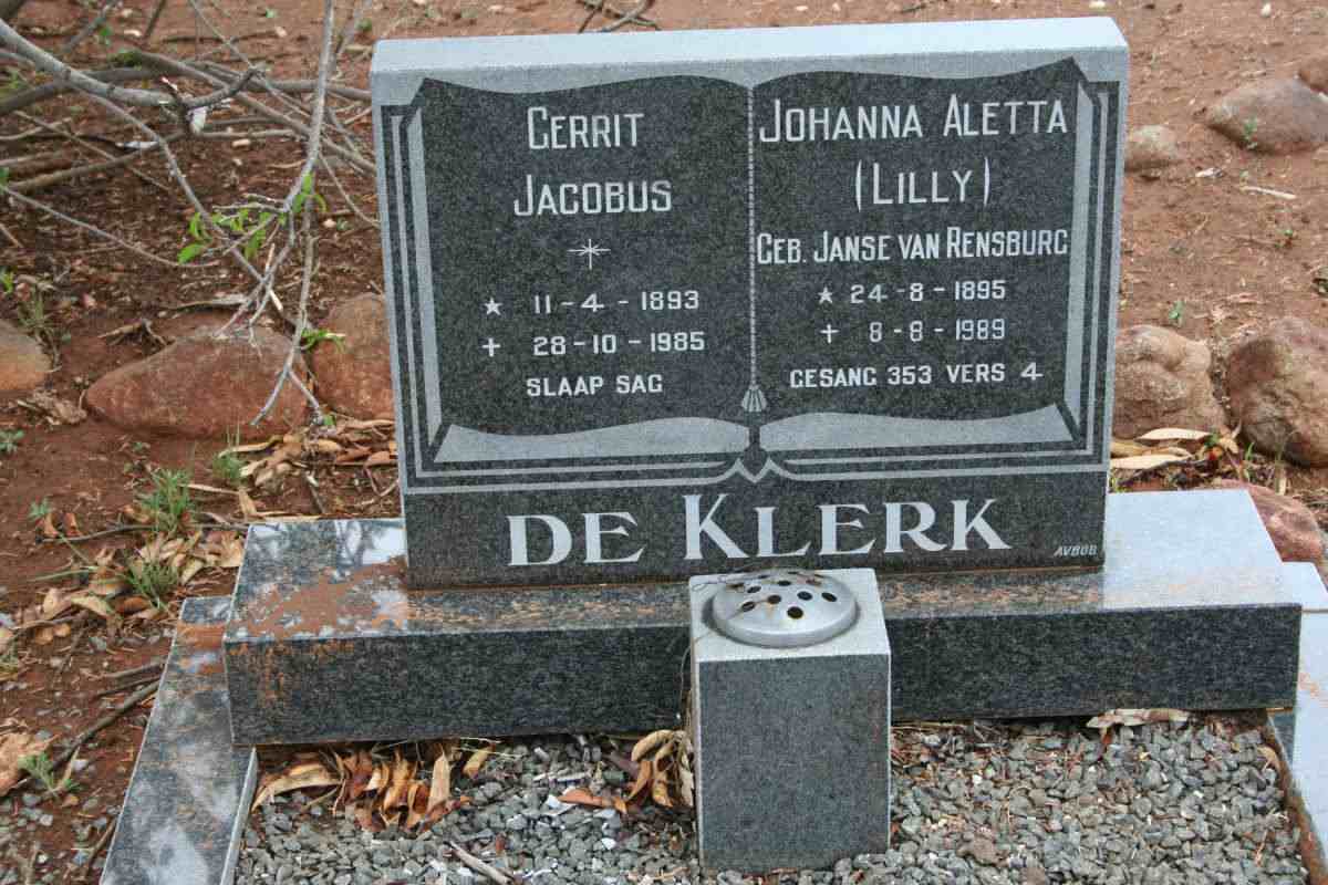 KLERK Gerrit Jacobus, de 1893-1985 &amp; Johanna Aletta JANSE VAN RENSBURG 1895-1989